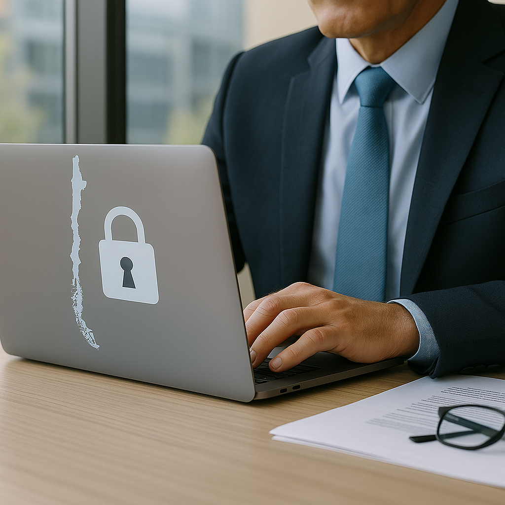 Ejecutivo trabajando en un computador con símbolo de privacidad y mapa de Chile, representando el nuevo marco legal de protección de datos personales en Chile.