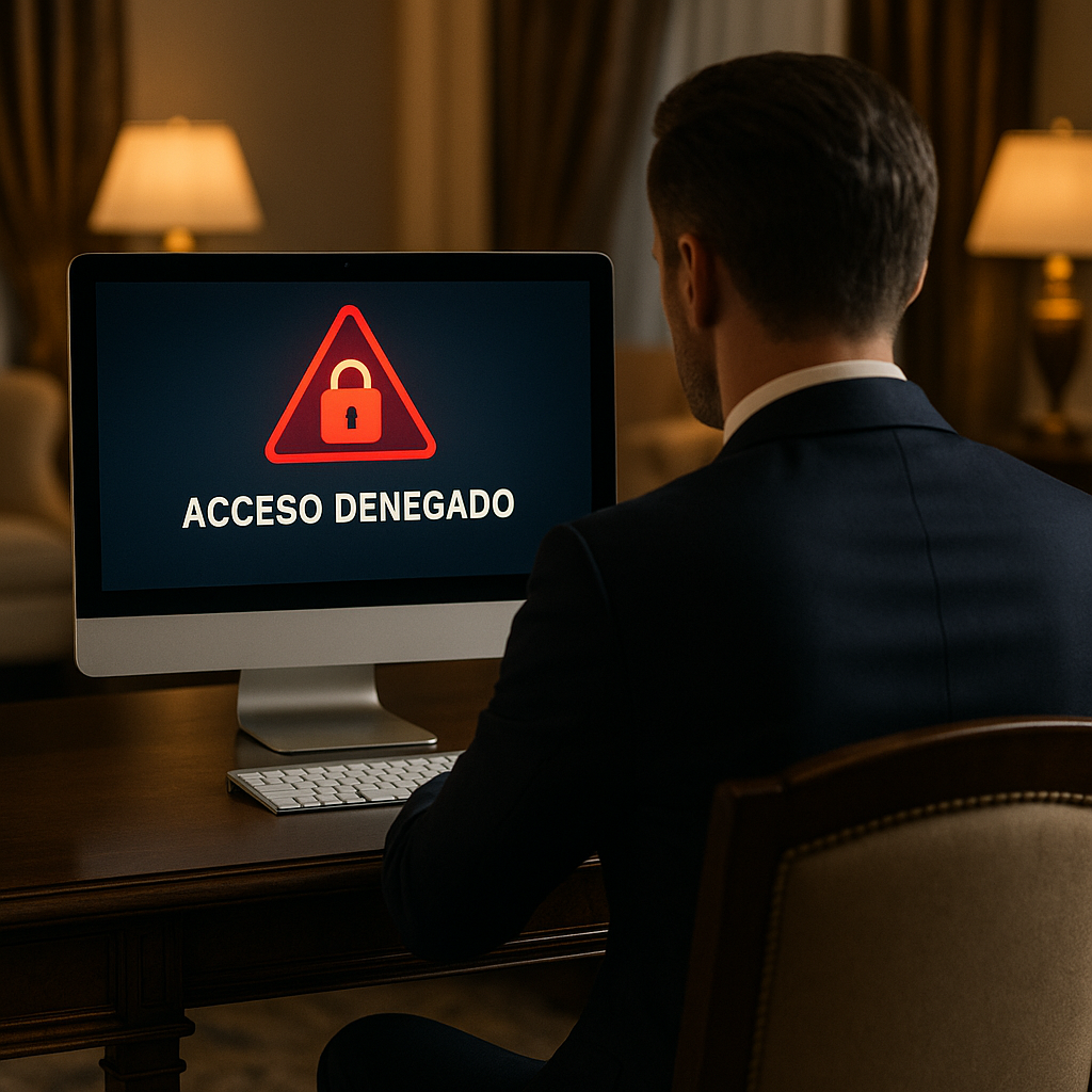 Hombre elegante de espaldas, sentado en una oficina lujosa frente a un computador Mac de escritorio que muestra en la pantalla el mensaje 'Acceso denegado', simbolizando la ciberseguridad y la protección de datos en entornos premium.