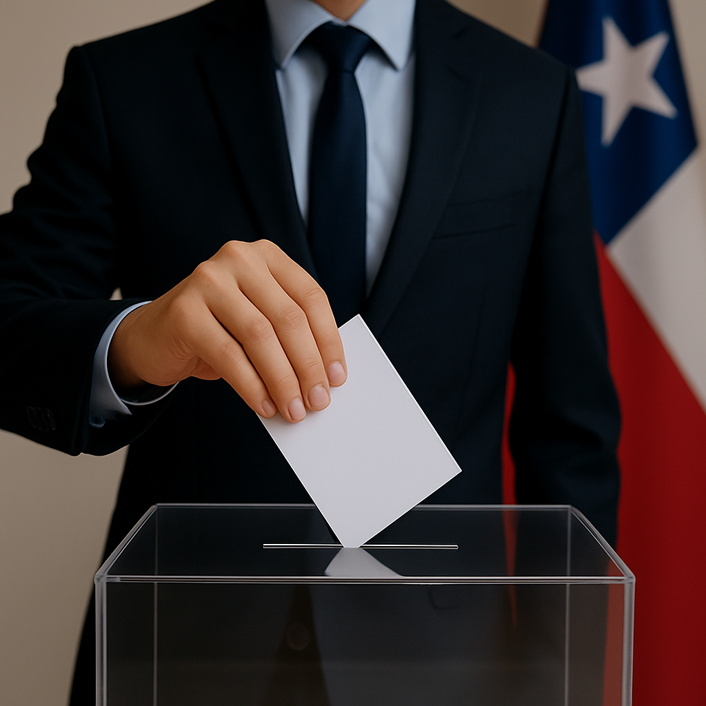 Trabajador chileno emitiendo su voto en urna electoral, vestido formal, representando el derecho laboral al permiso para sufragar en elecciones 2025 bajo la ley chilena