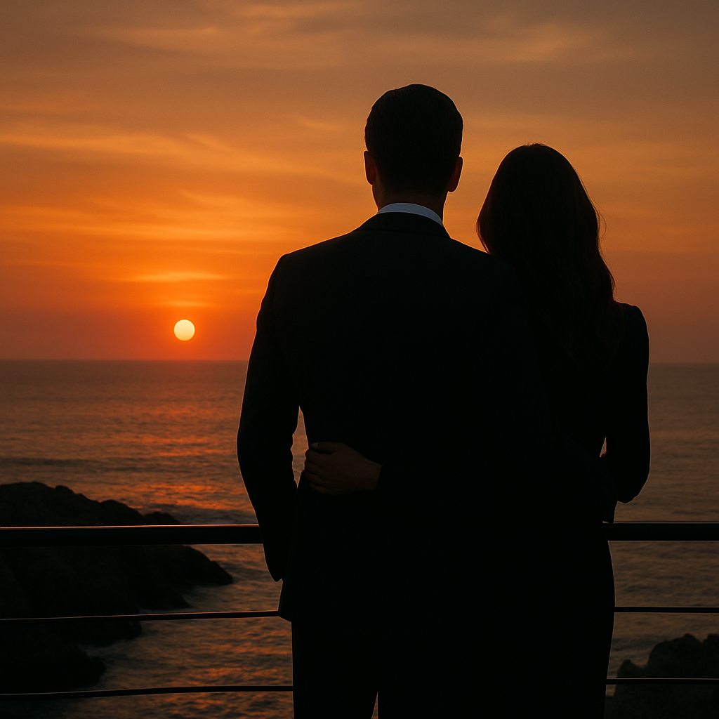 Pareja elegante abrazada de espaldas mirando el atardecer desde terraza sobre rocas frente al mar, símbolo de amor, lujo y exclusividad en convivencia de hecho en Chile