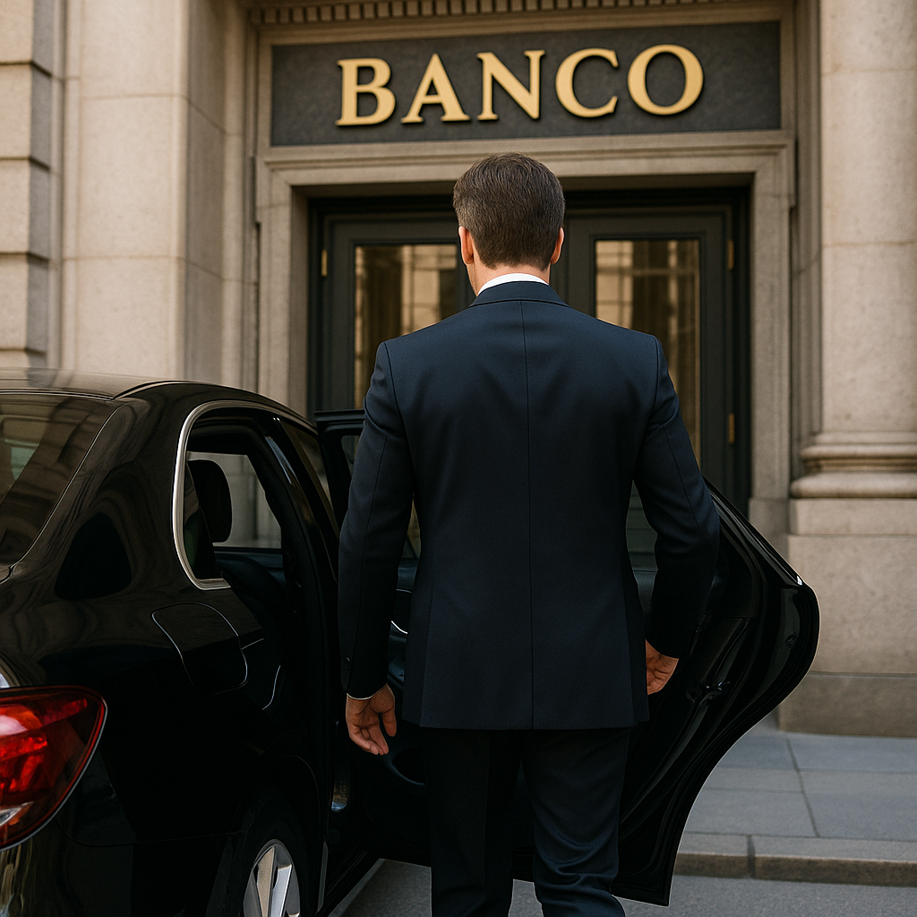 Hombre elegante de clase alta bajando de un automóvil de lujo por la puerta trasera frente a la entrada de un banco exclusivo, vista desde su espalda, en el contexto de negocios y finanzas en Chile.