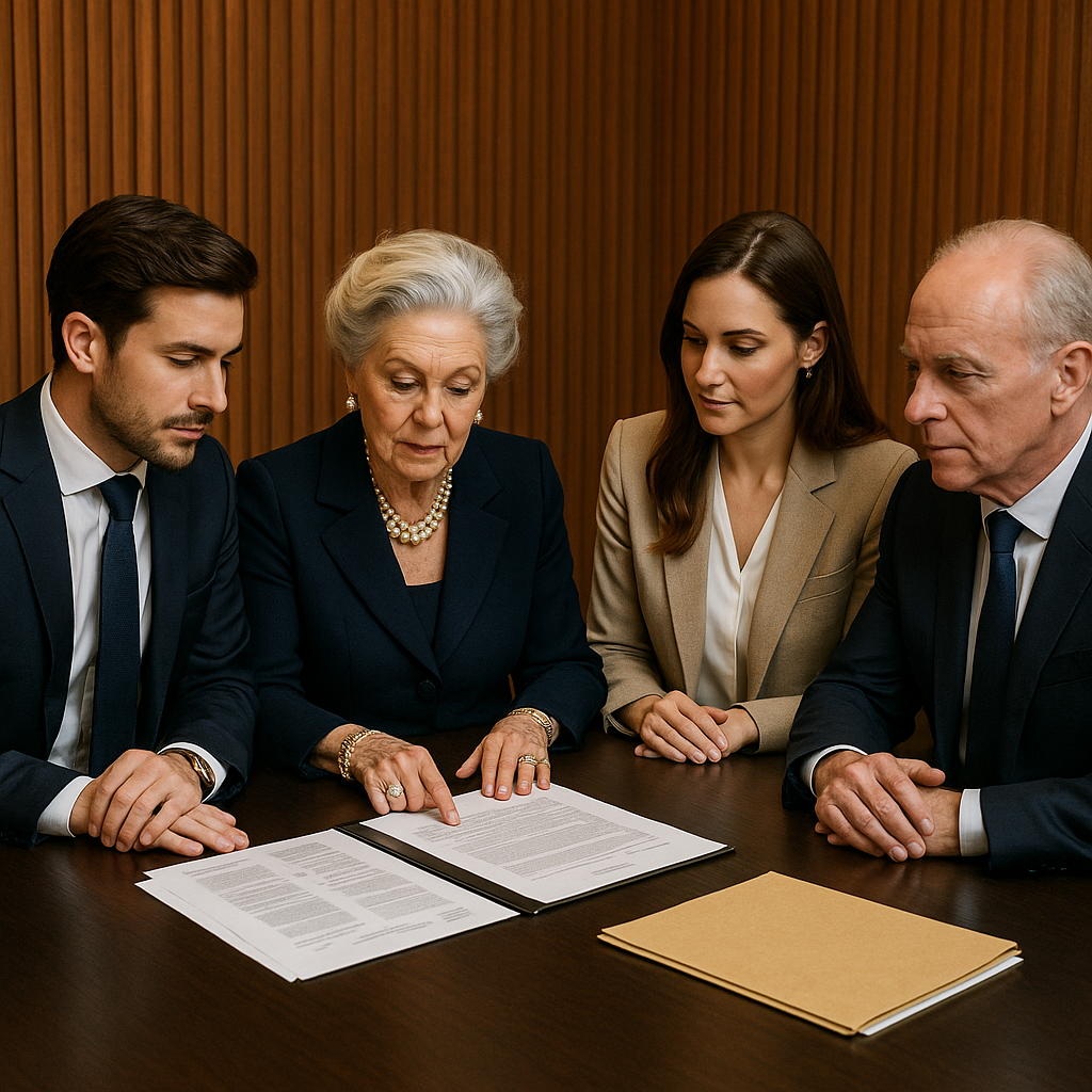 Grupo de cuatro profesionales en traje formal reunidos alrededor de una mesa de madera oscura, con pared de tablillas de madera al fondo; una mujer mayor con collar de perlas guía la revisión de documentos.