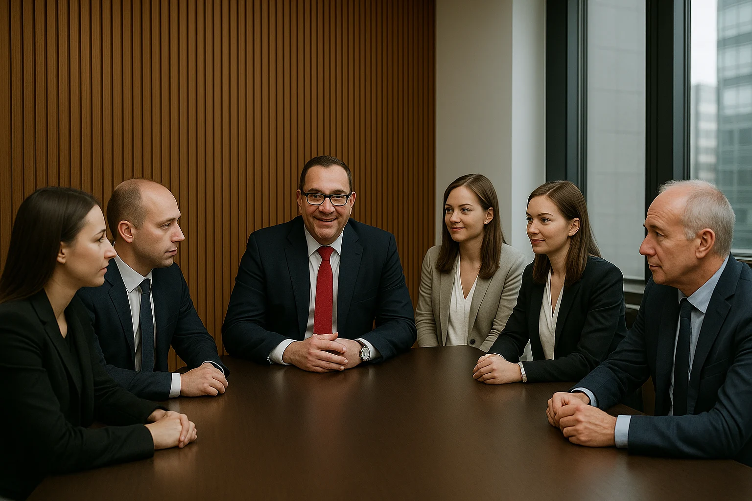 Fotografía profesional de ocho abogados reunidos en una sala de reuniones moderna, con pared de madera y vista al barrio financiero Sanhattan en Santiago de Chile