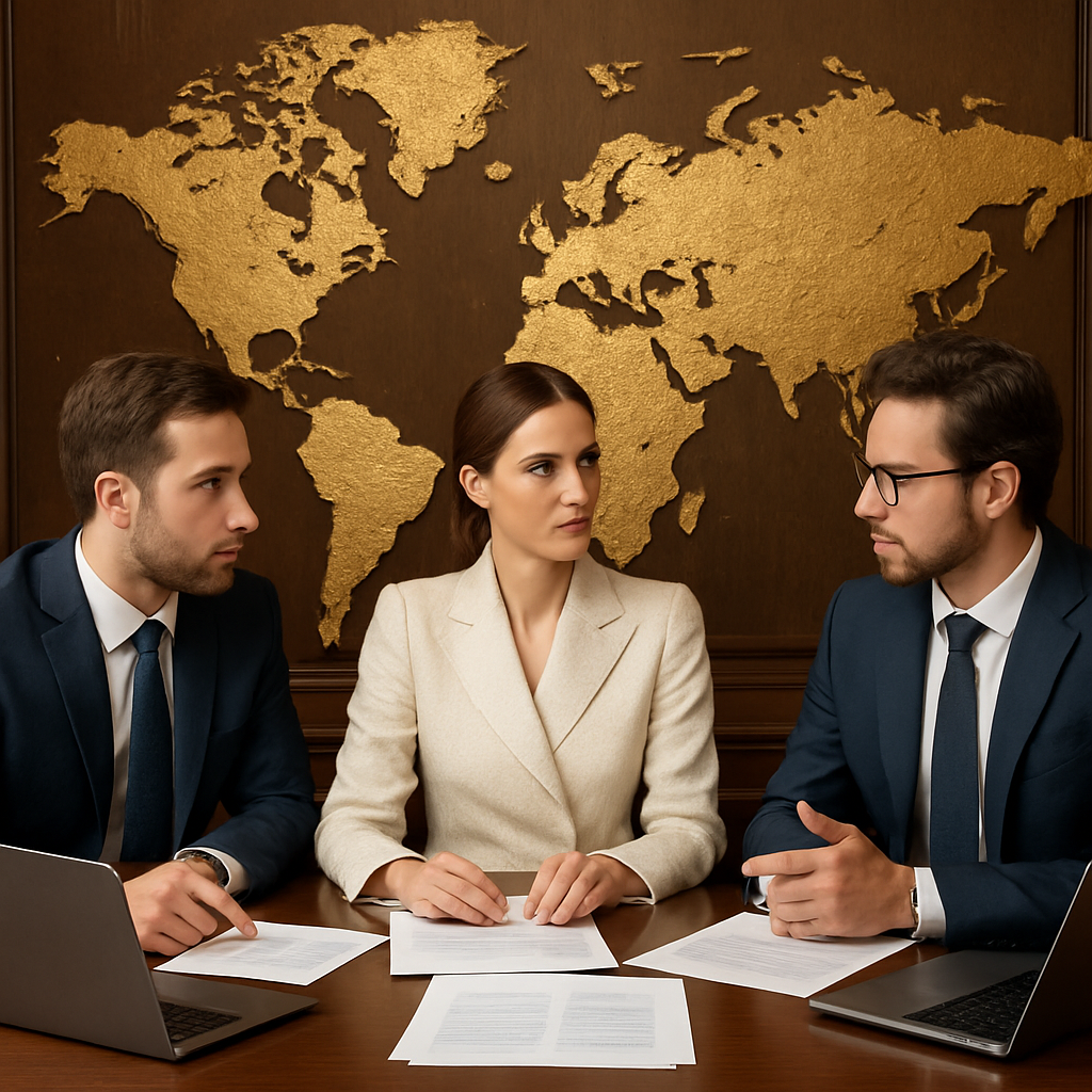 Profesionales en reunión de precios de transferencia con mapa mundial dorado y documentos en mesa, mujer con chaqueta crema y hombres en traje azul analizando informes