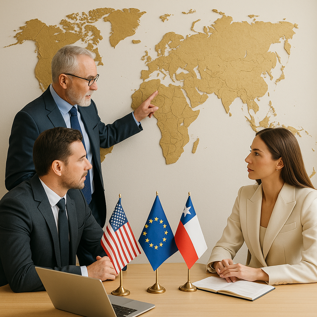 Equipo de planificación tributaria internacional: hombre señalando Europa en mapa mundial dorado, con profesionales en traje y blazer crema, y banderas de EE.UU., UE y Chile sobre mesa clara