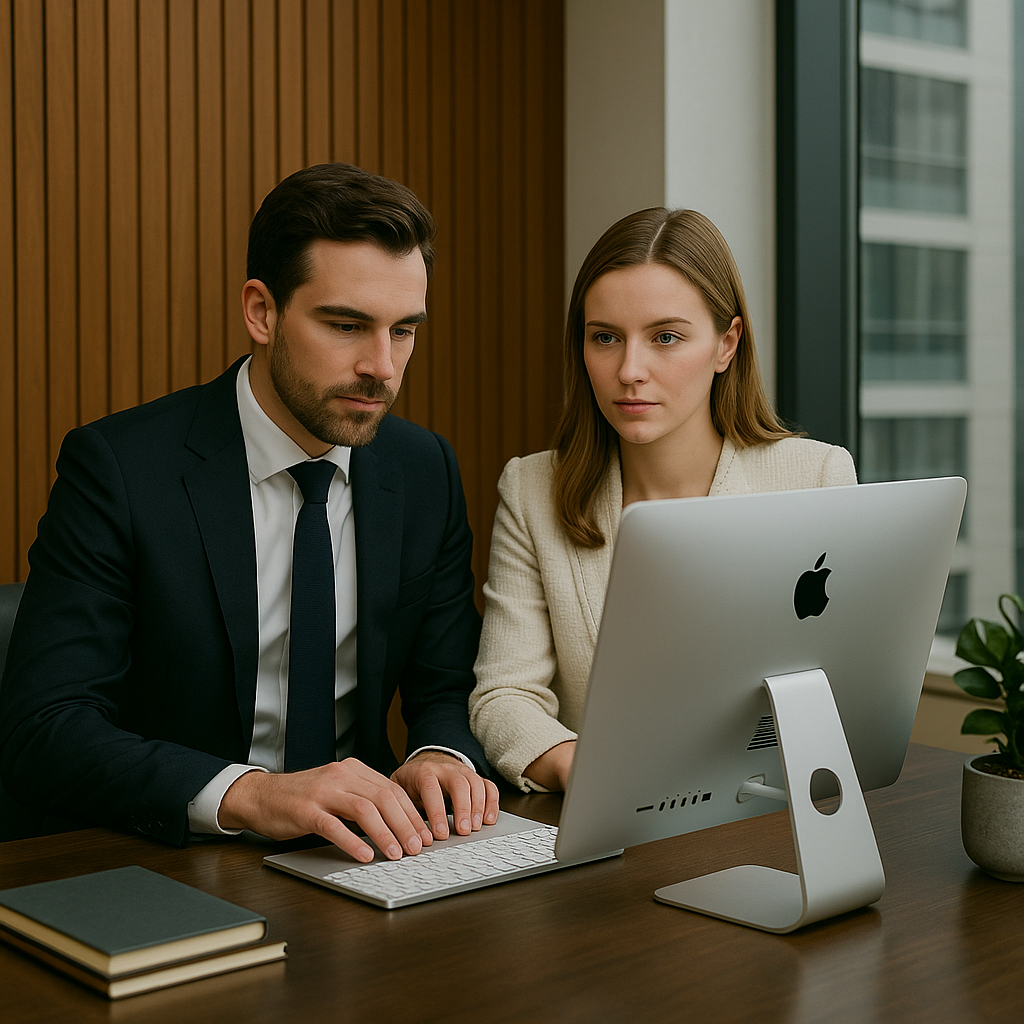 Dos abogados redactando un recurso administrativo tributario ante el SII, colaborando frente a un iMac en oficina moderna con pared de madera y ventana al piso 21